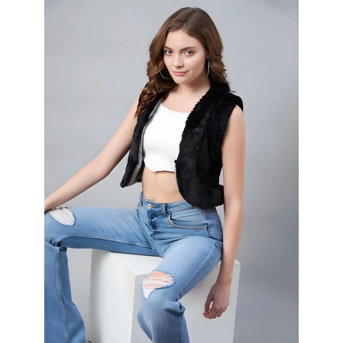 Women's Denim And Fur Solid Sleeveless Shrug (black) | Women Signature Collection