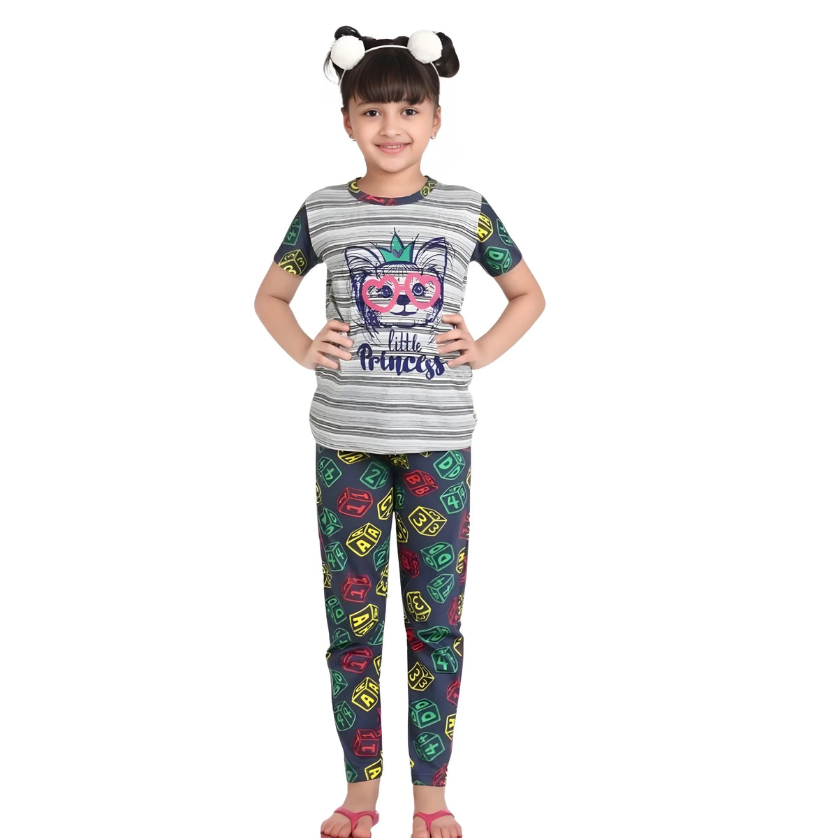 Girl's Cotton Hosiery Printed Night Suit Set (grey Green) | Kids Signature Collection
