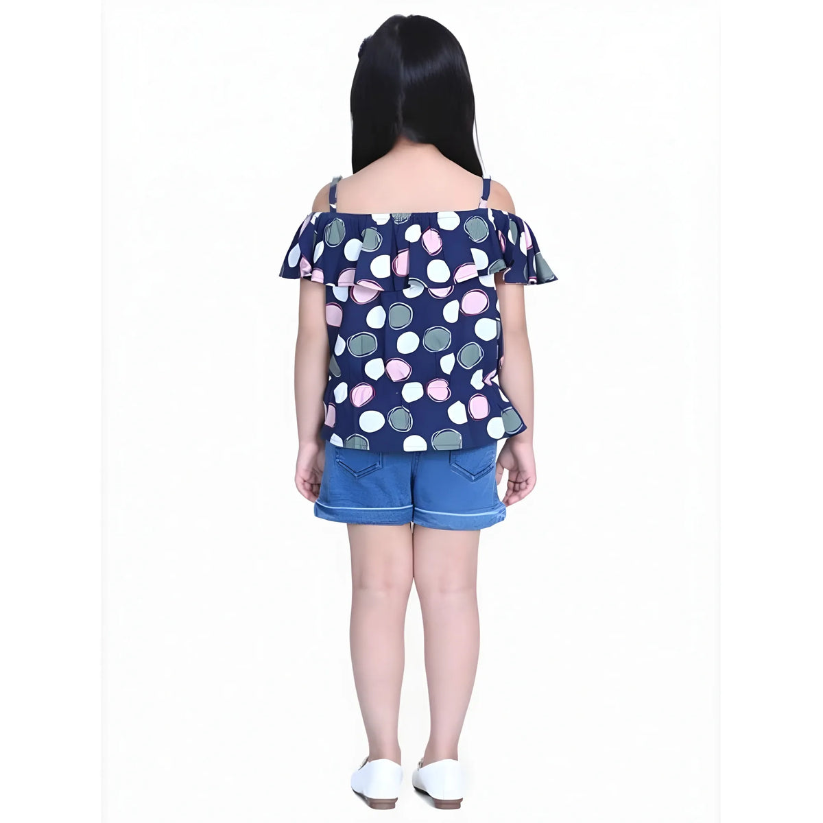 Girl's Rayon Solid Cold Shoulder Top With Shorts (navy Blue) | Kids Signature Collection