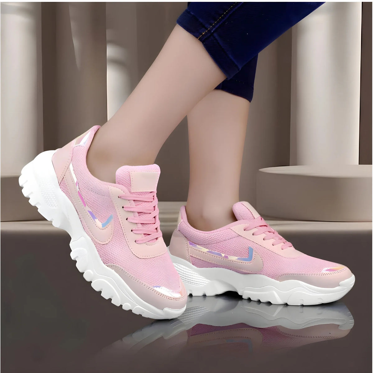 Women's Casual Mesh Printed Lace-Ups Shoes (Pink)
