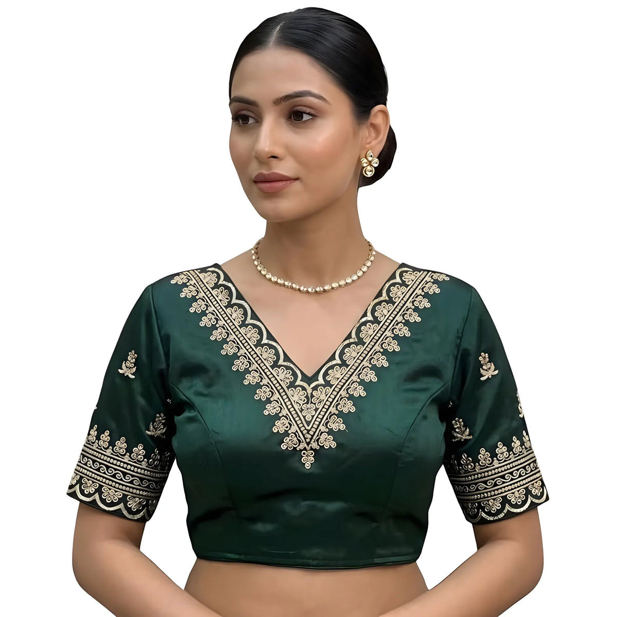 Jade Women's Satin Embroidered Half sleeve V-Neck Padded Readymade Blouse