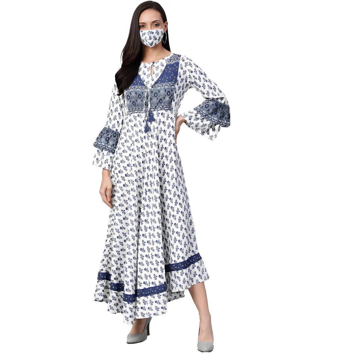 Women's Casual Bell Sleeve Floral Printed Rayon Dress (white &amp; Blue) | Women Signature Collection
