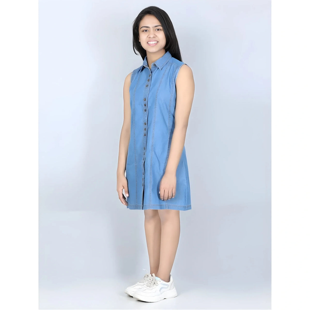 Girl's Denim Solid Cold Shoulder Dress (blue) | Kids Signature Collection