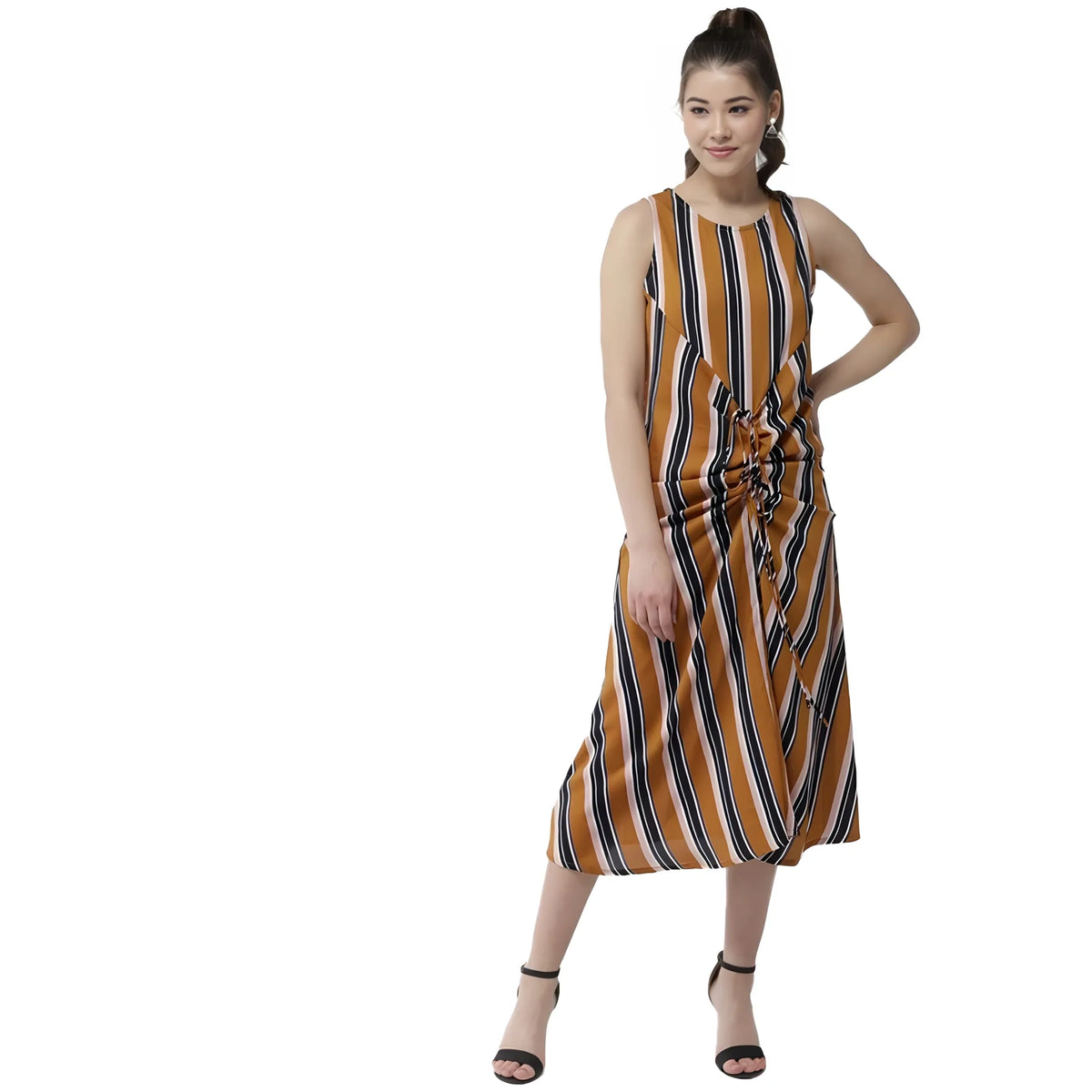 Women's Polyester Striped Sleeveless Below Knee Dress (mustard) | Women Signature Collection