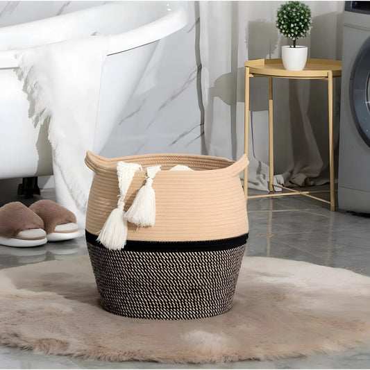 Cotton Matka 14x12 Inch Storage Basket For Clothes With Out Lid (Beige-Black)