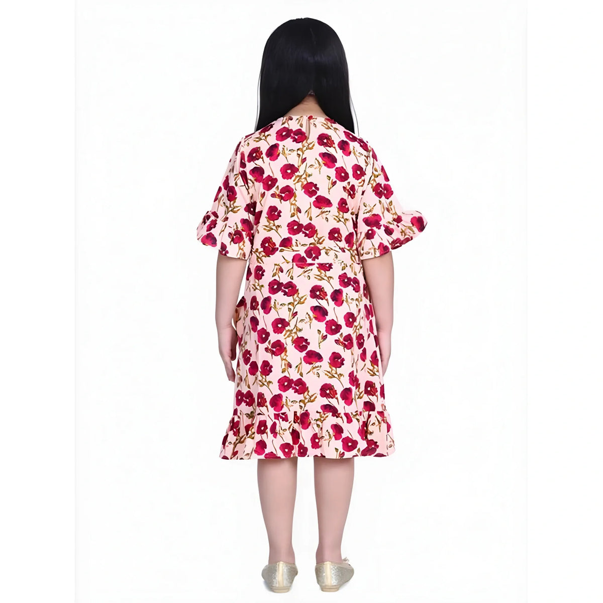Girl's Polyester Crepe Floral Bell Sleeve Dress (red Pink) | Kids Signature Collection