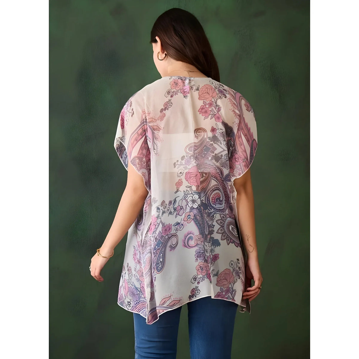 Women's Chiffon Printed Short Sleeves Shrug (white Purple) | Women Signature Collection