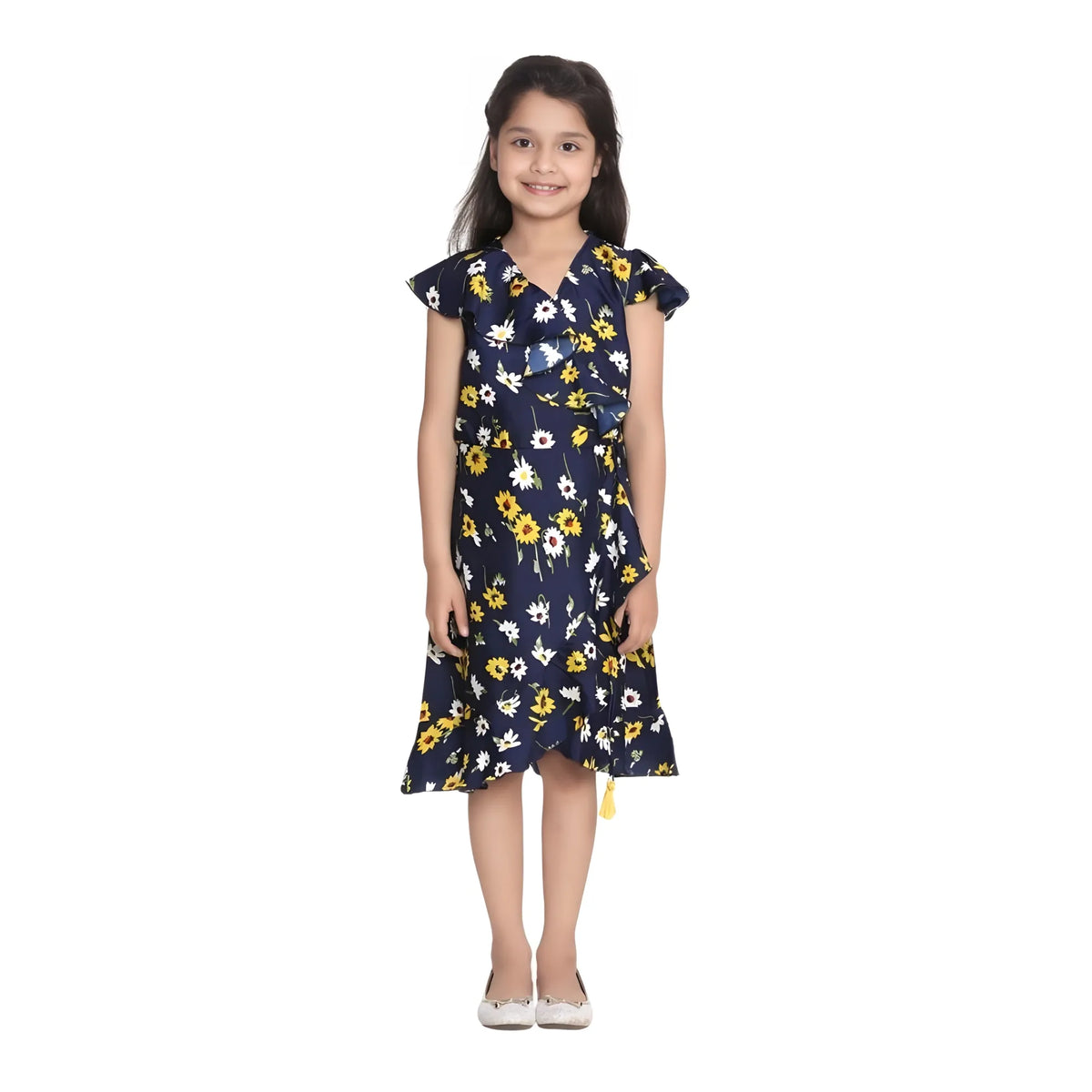 Girl's Polyester Crepe Polka Cold Shoulder Dress (navy Blue) | Kids Signature Collection