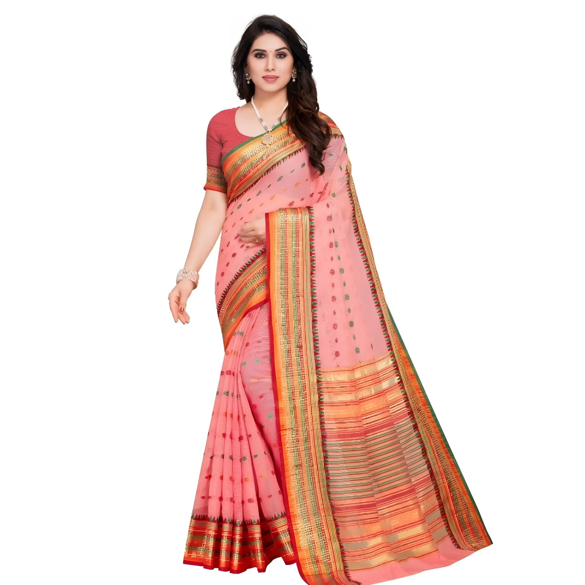 Women's Kota Doria Cotton Woven Butta Saree With Blouse (pink, 5 6 Mtrs) | Women Signature Collection