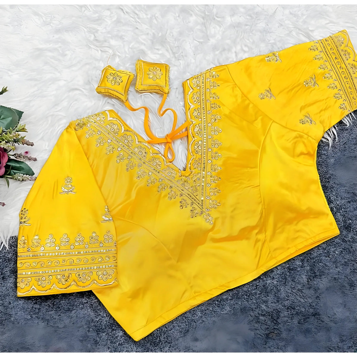 Saffron Women's Satin Embroidered Half sleeve V-Neck Padded Readymade Blouse