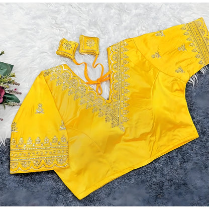 Saffron Women's Satin Embroidered Half sleeve V-Neck Padded Readymade Blouse