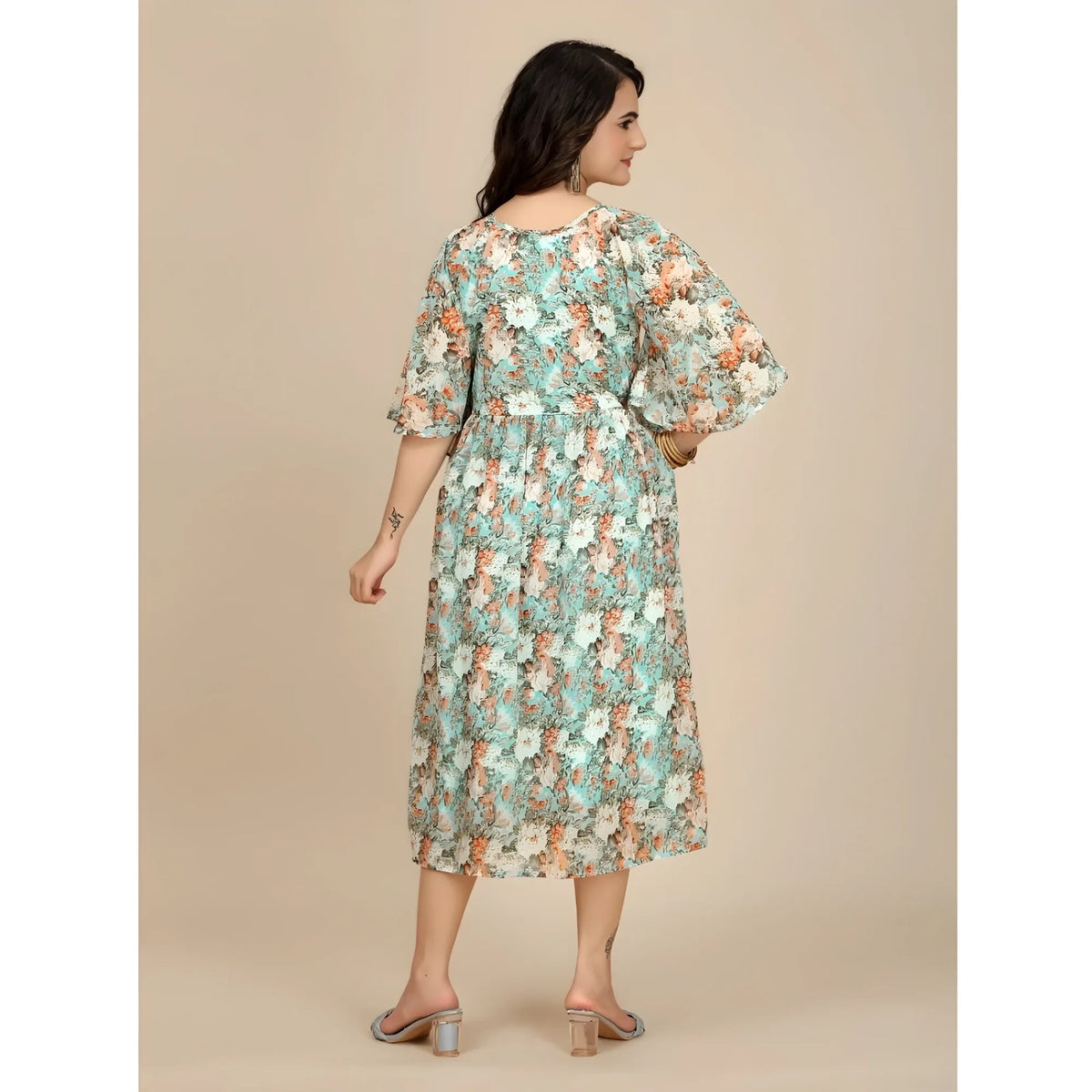 Women's Georgette Printed Round Neck Short Sleeve Dress (multicolor) | Women Signature Collection