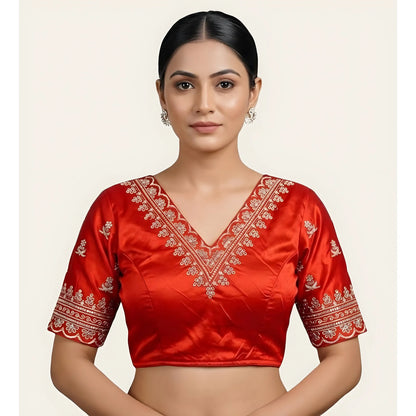 Ruby Women's Satin Embroidered Half sleeve V-Neck Padded Readymade Blouse