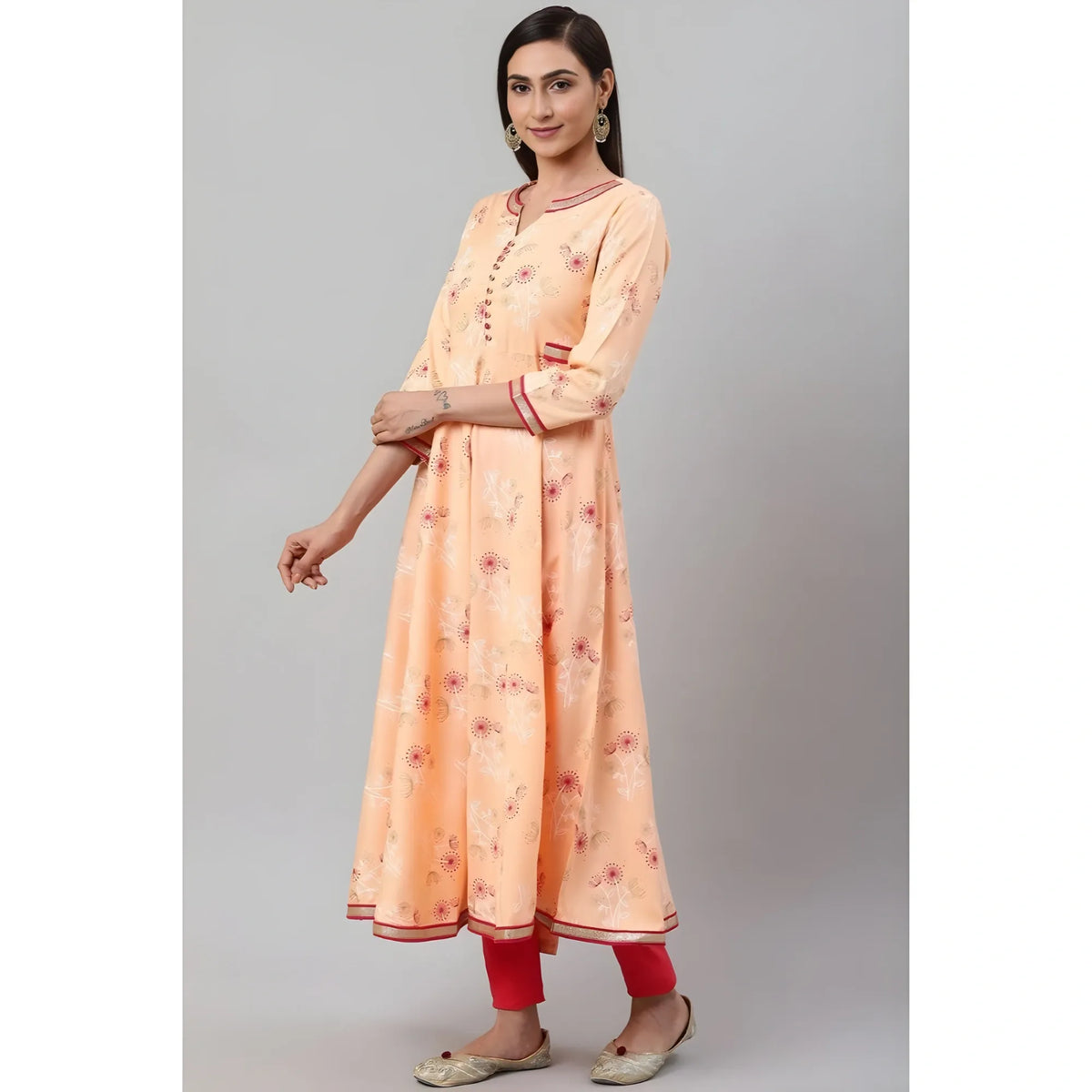 Women's Casual 3/4 Th Sleeve Floral Printed Rayon Kurti (peach) | Women Signature Collection