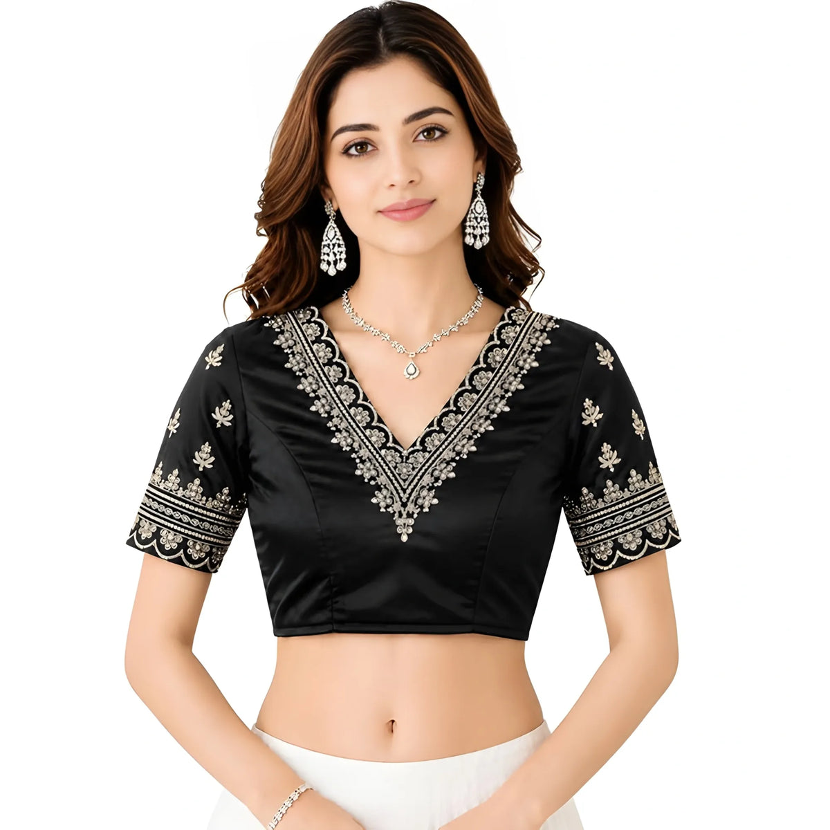 Onyx Women's Satin Embroidered Half sleeve V-Neck Padded Readymade Blouse