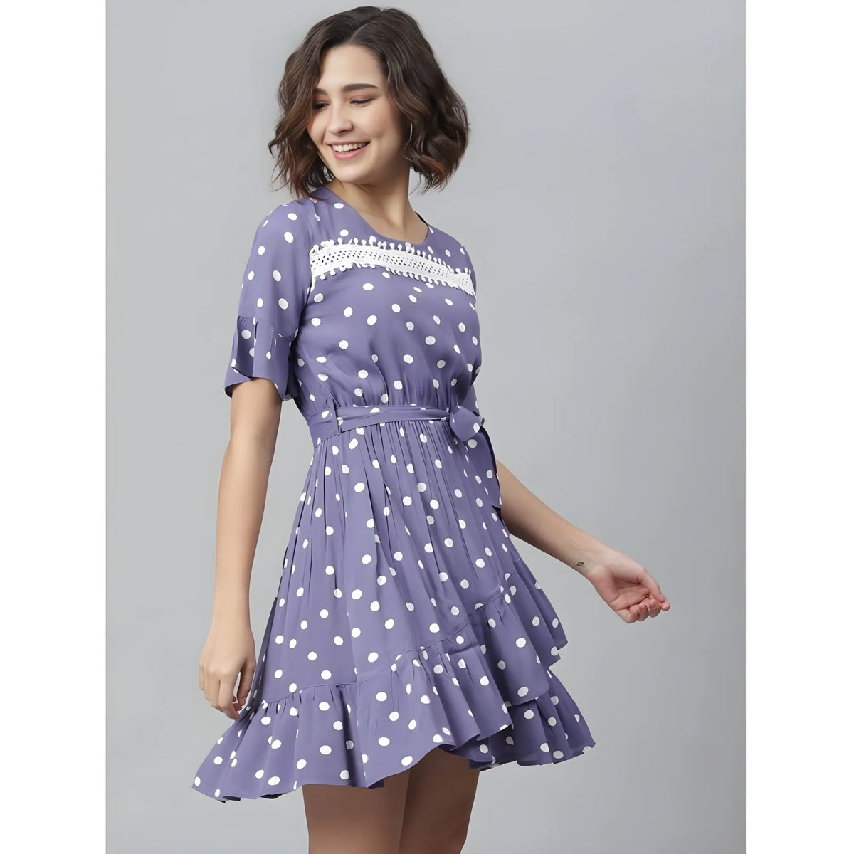 Women's Polyester Polka Bell Sleeve Above Knee Dress (lavender) | Women Signature Collection