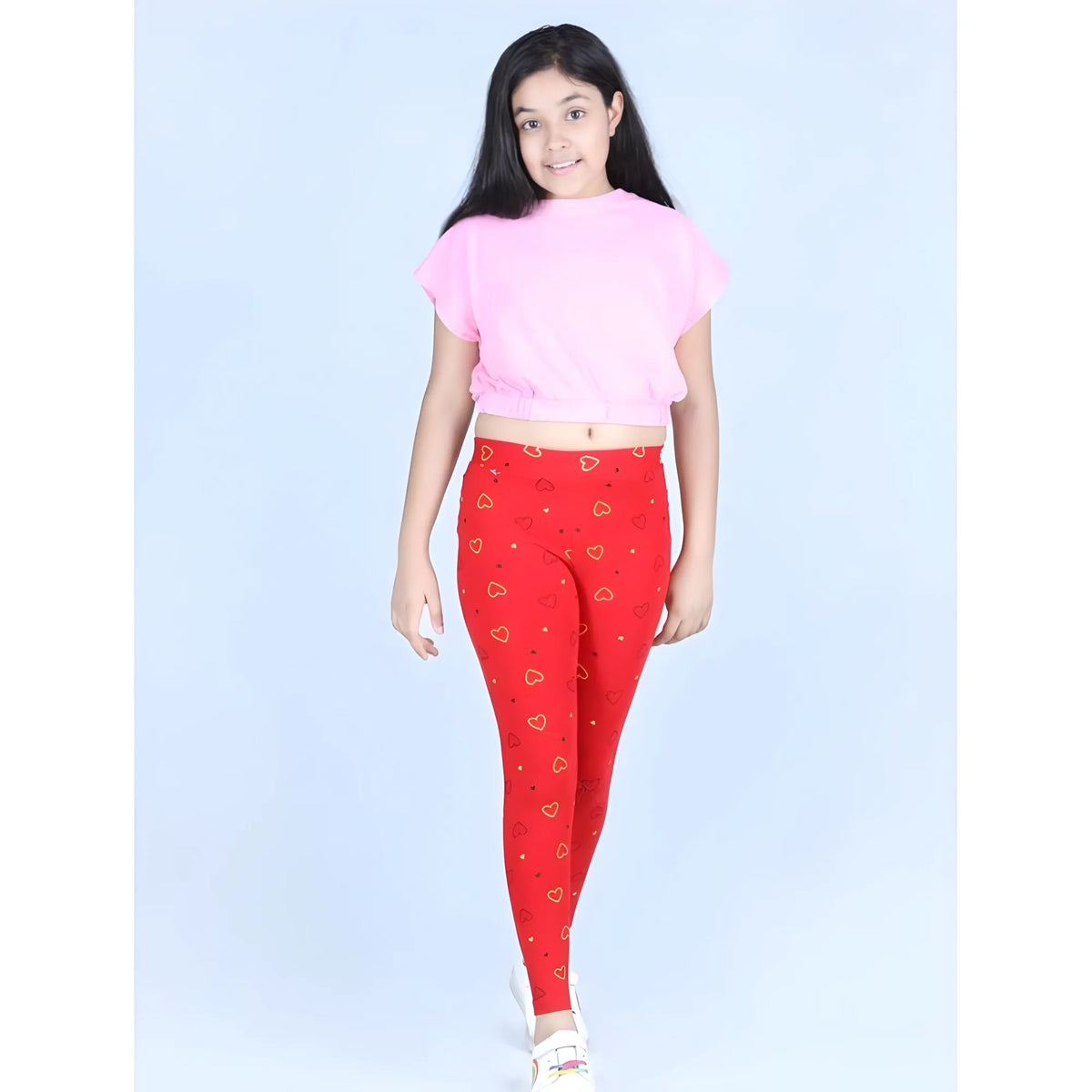 Girl's Cotton Lycra Printed Elasticated Leggings (Red)