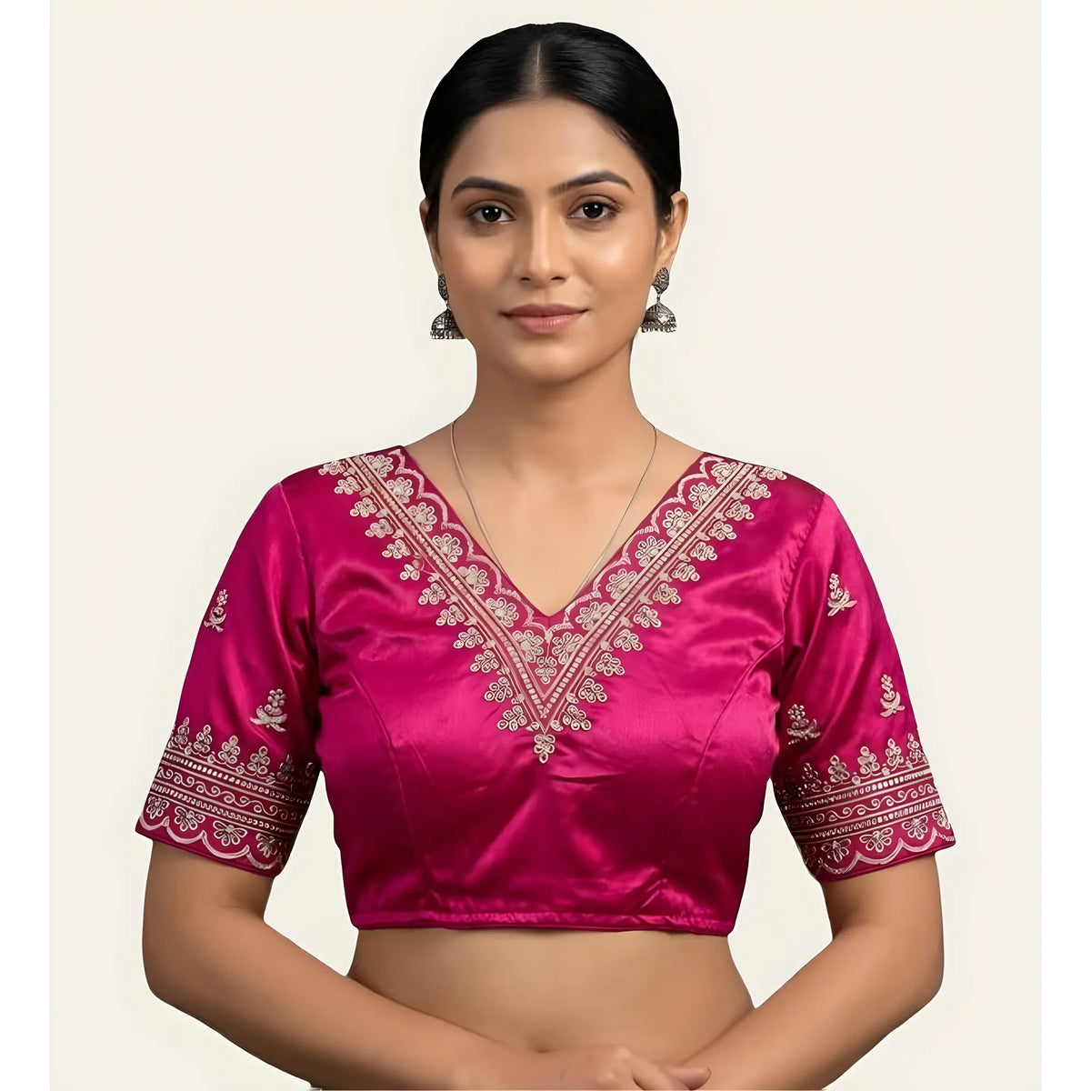 Rose Women's Satin Embroidered Half sleeve V-Neck Padded Readymade Blouse