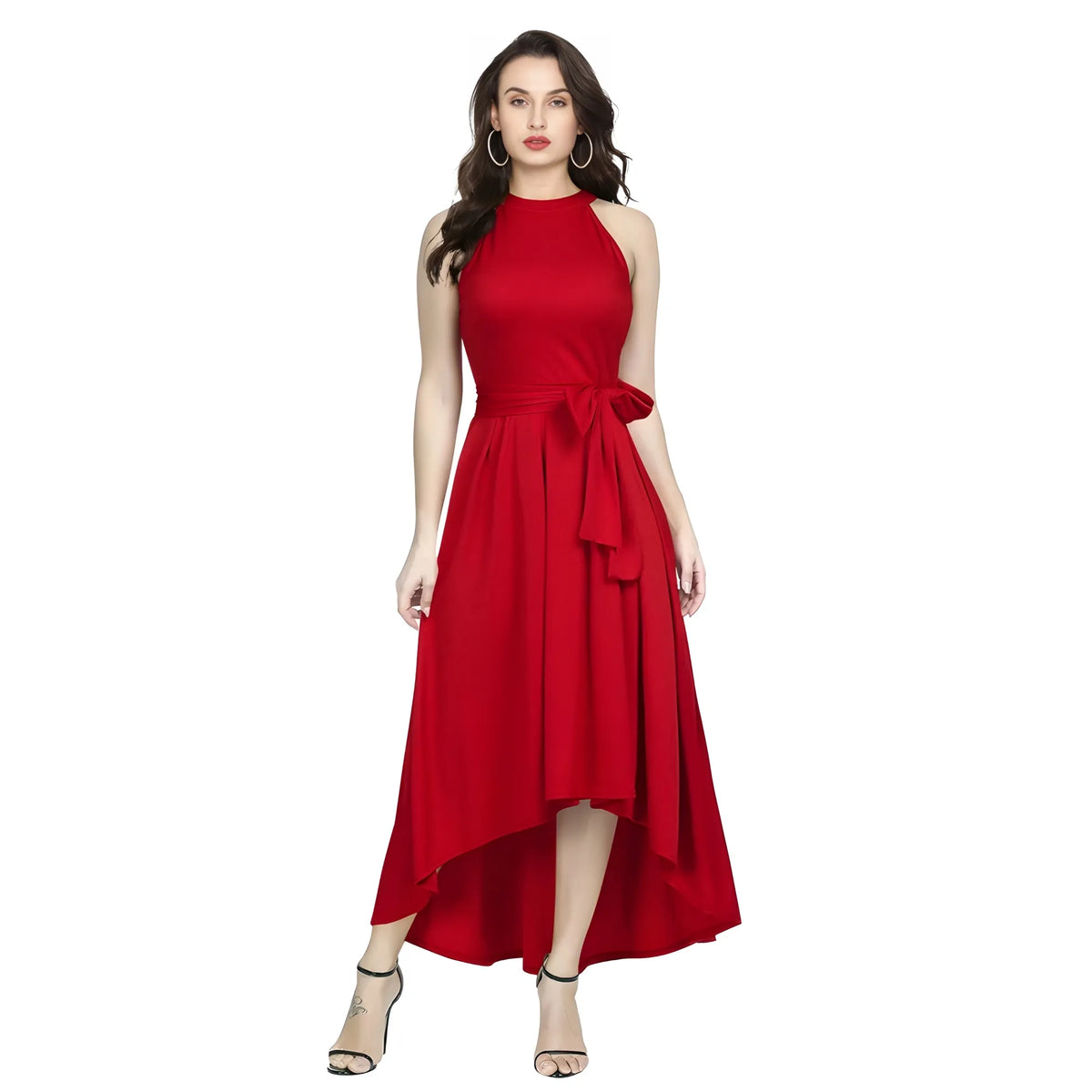 Women's Polyster Solid Halter Neck Sleeveless Dress (red) | Women Signature Collection