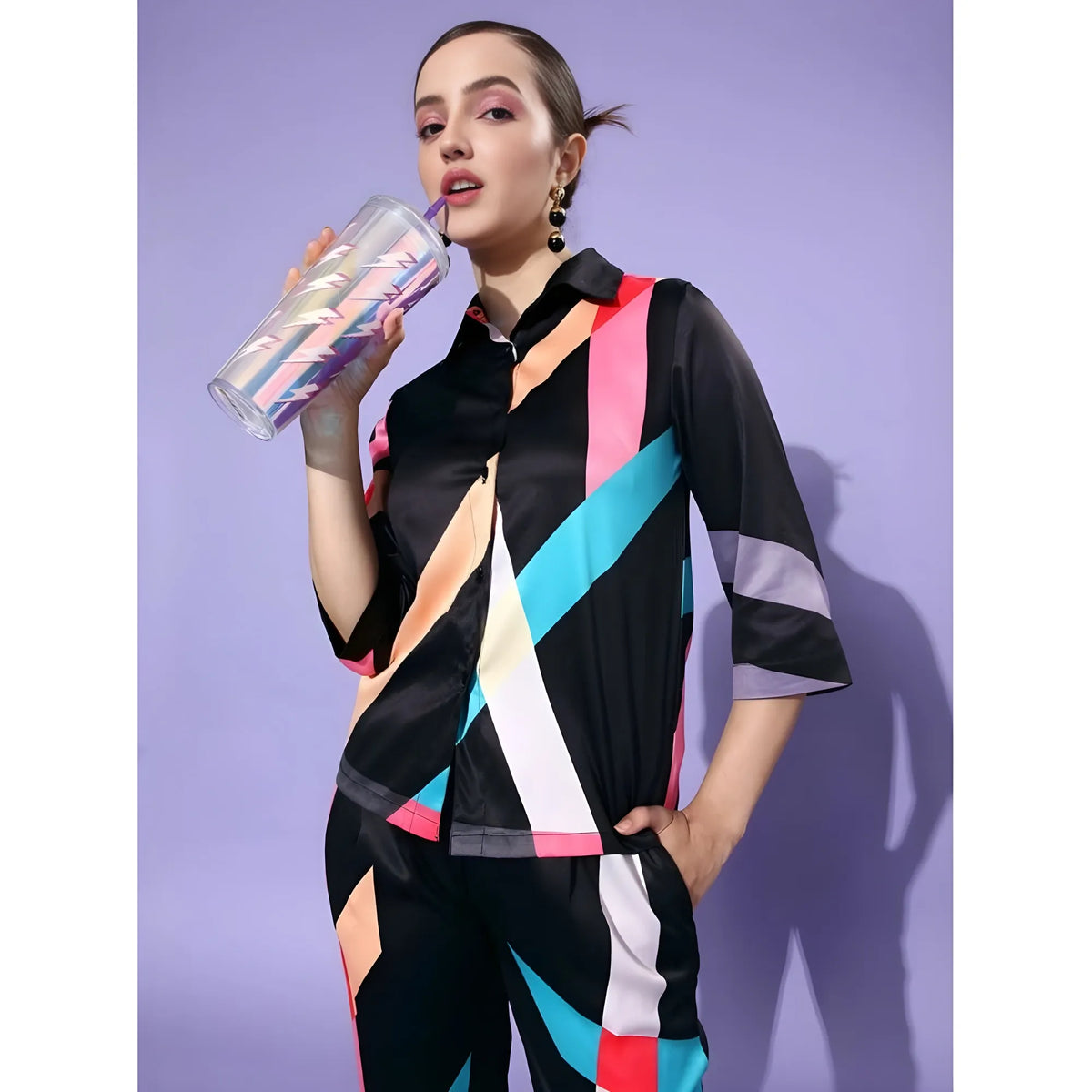Women's Satin Colour Block Long Sleeves Co Ord Set (multicolor) | Women Signature Collection