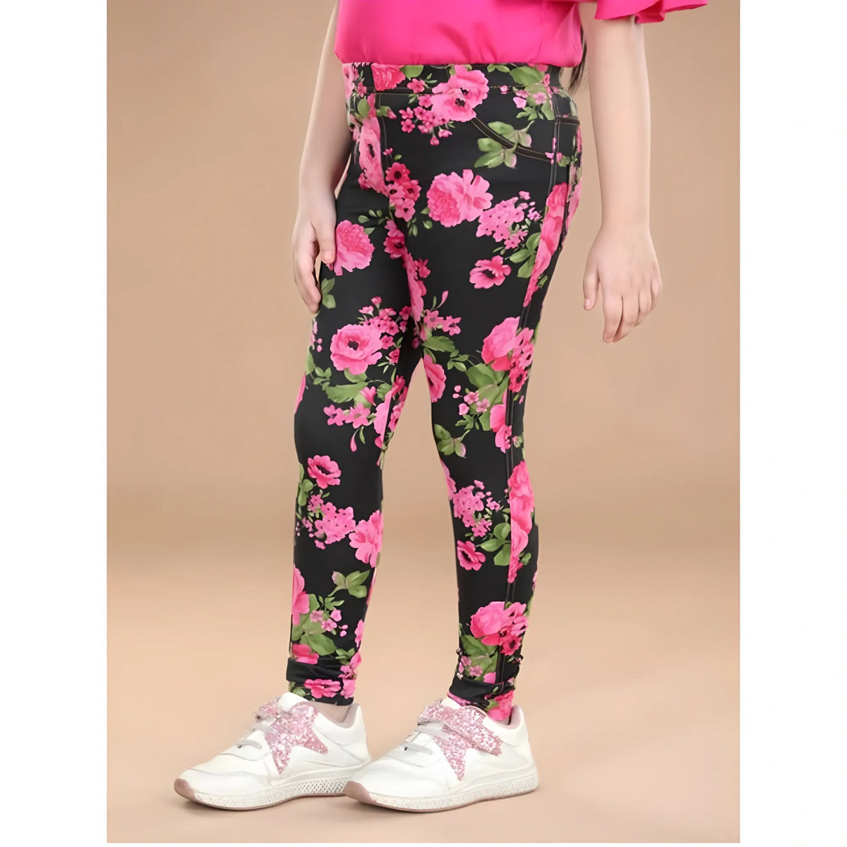 Girl's Cotton Lycra Floral Elasticated Jeggings (Black-Pink)