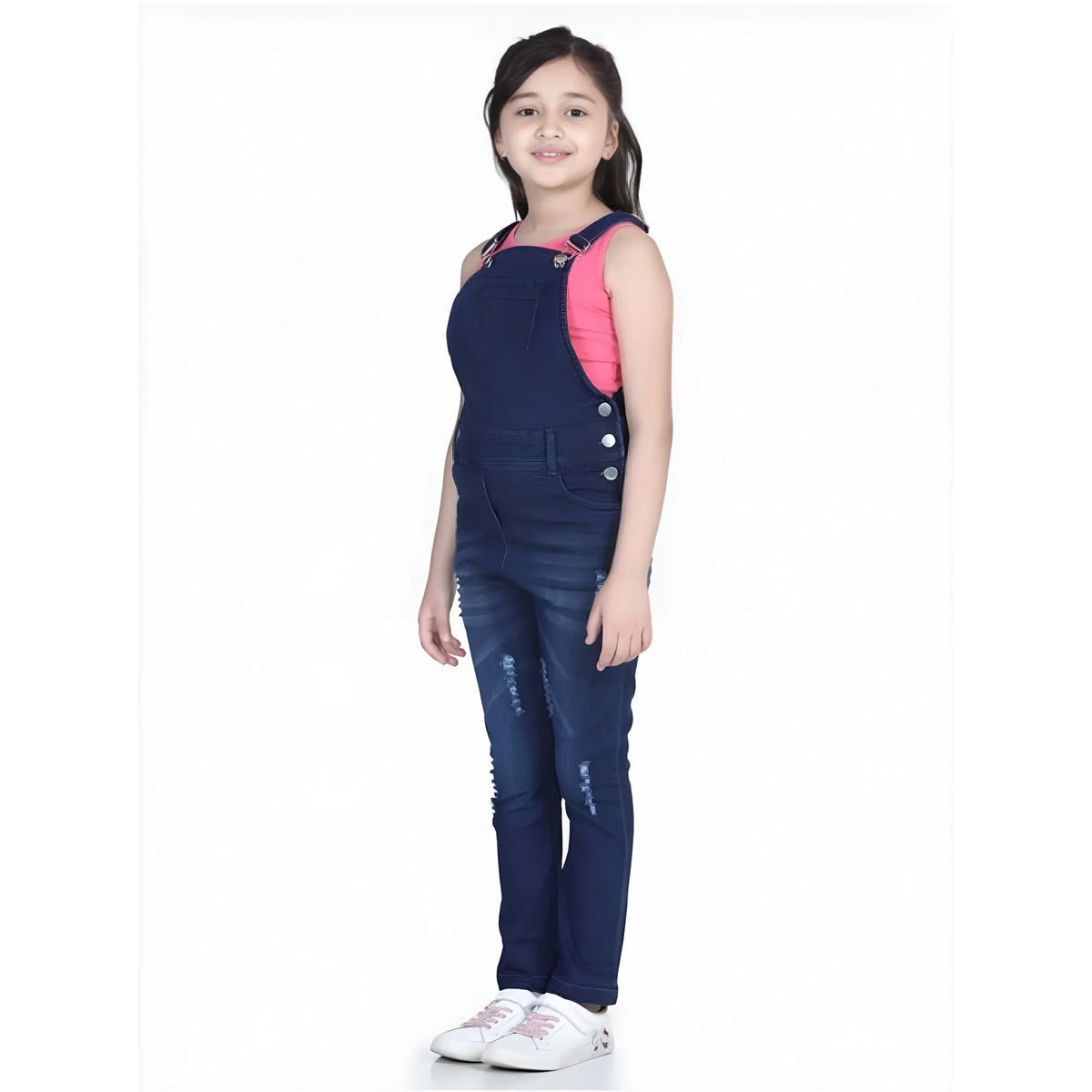 Girl's Denim Distressed Buttoned Dungaree (blue) | Kids Signature Collection