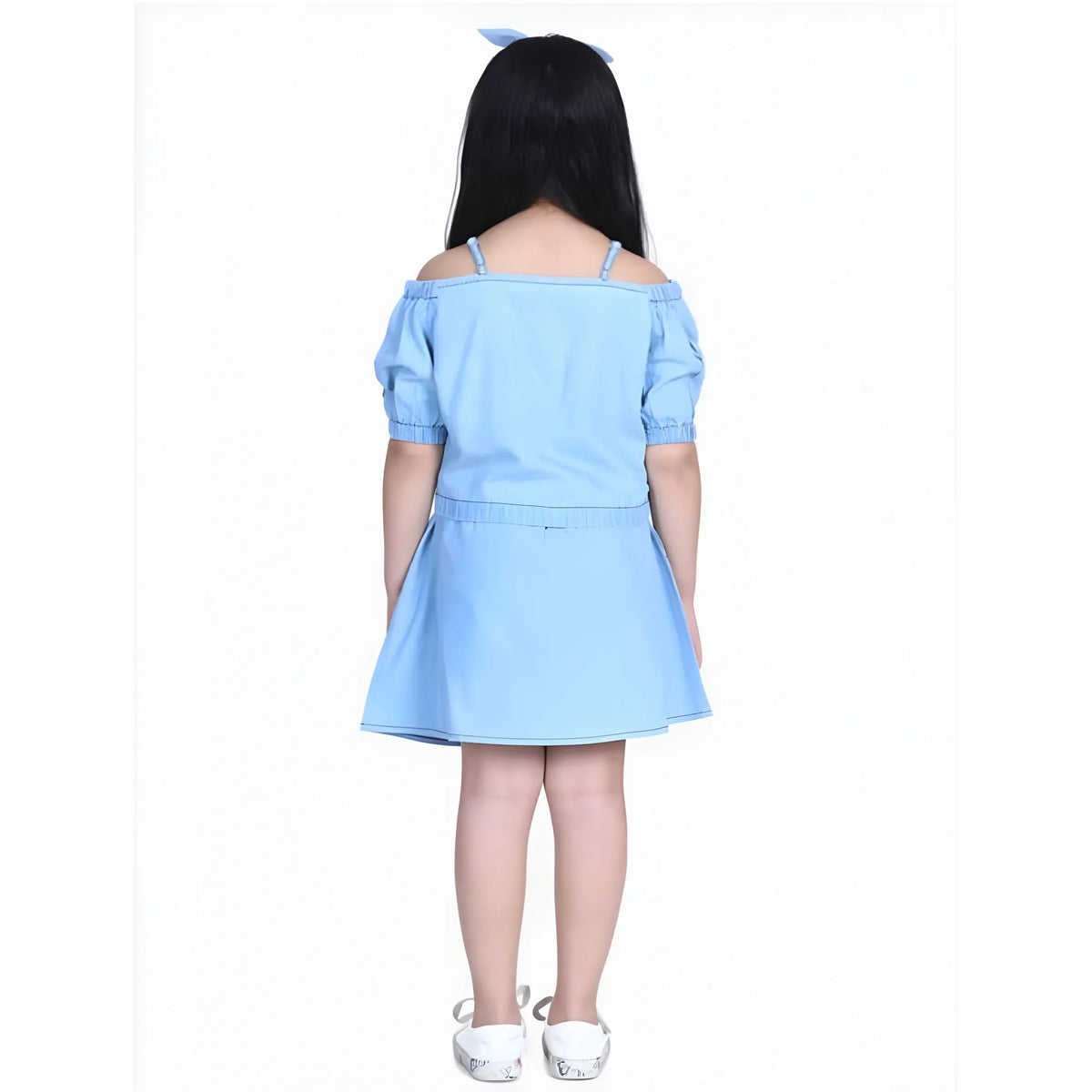 Girl's Denim Solid Cold Shoulder Top And Skirt Set (light Blue) | Kids Signature Collection