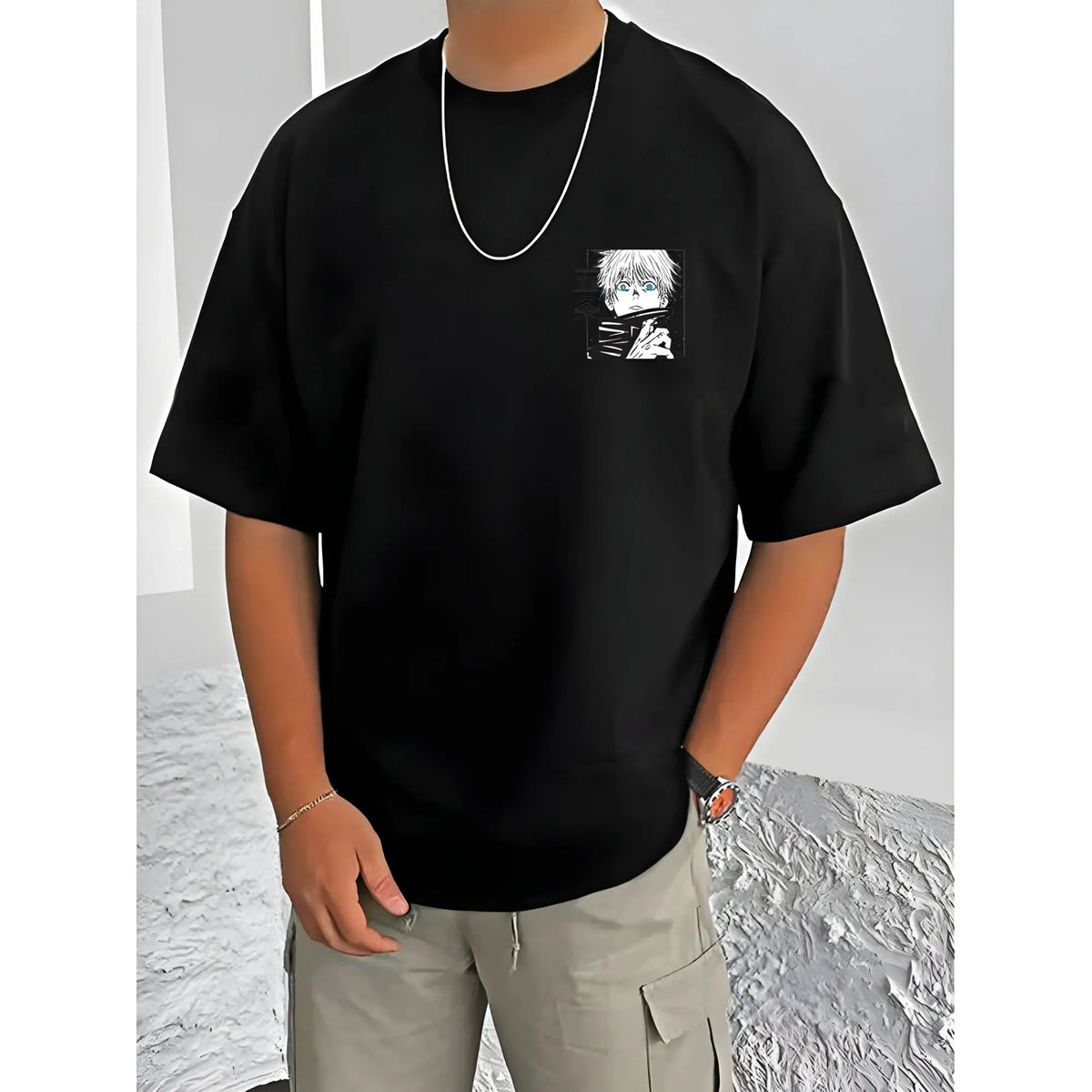 Men's Casual Cotton Blend Printed Round Neck Half Sleeve T-Shirt (Black)