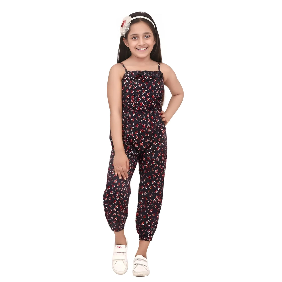 Girl's Rayon Floral Sleeveless Jumpsuit (black Red) | Kids Signature Collection