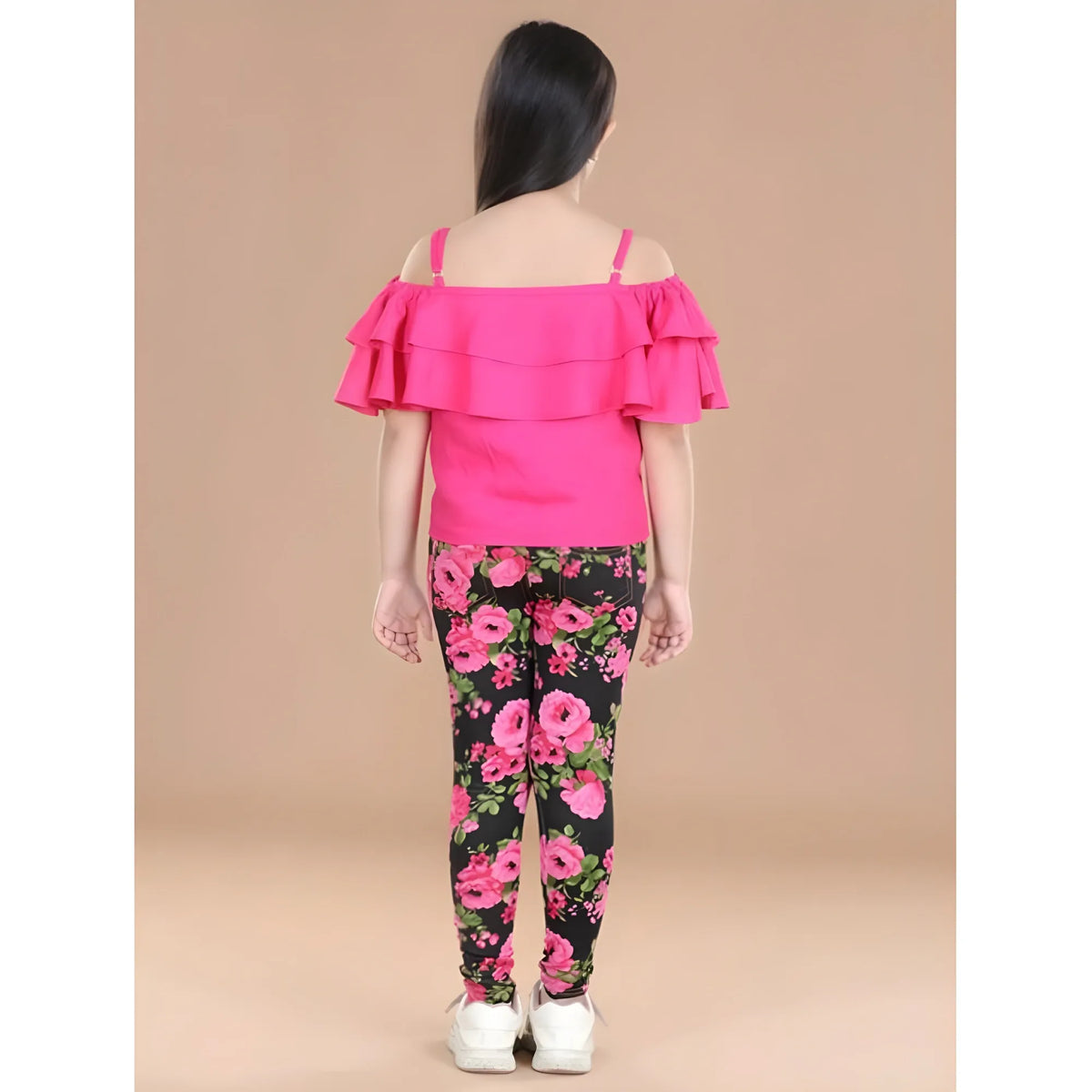 Girl's Cotton Floral Elasticated Jegging And Top Set (black Pink) | Kids Signature Collection