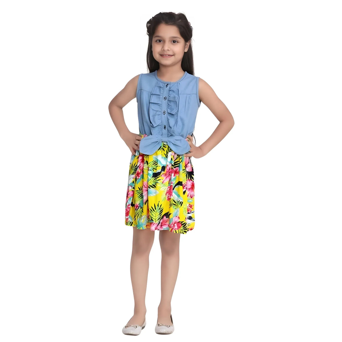 Girl's Denim Floral Sleeveless Dress (blue Yellow) | Kids Signature Collection