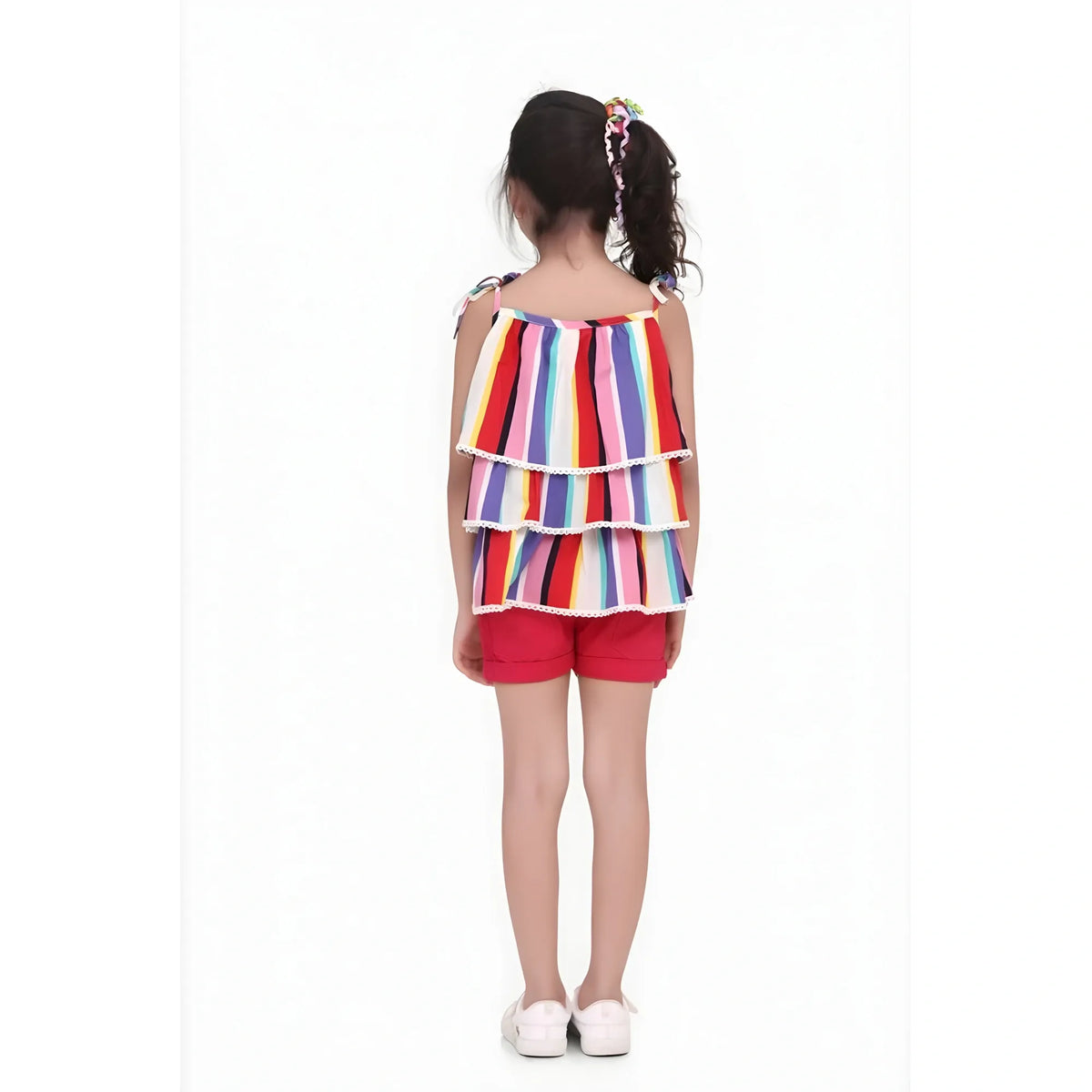 Girl's Polyester Crepe Striped Tie Ups Shorts Set (multicolor) | Kids Signature Collection