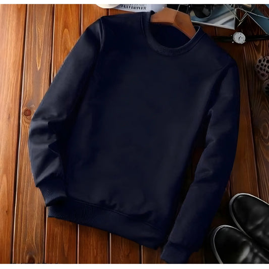 Men's Casual Fleece Solid Round Neck Long Sleeves Sweatshirt (Navy Blue)