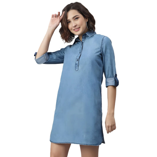 Azure Ayesha Denim Collared Long-Sleeve Mini Dress