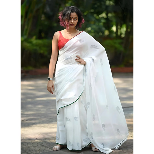 Women's Linen Printed Saree With Unstitched Blouse 5.5Mtr  (White)