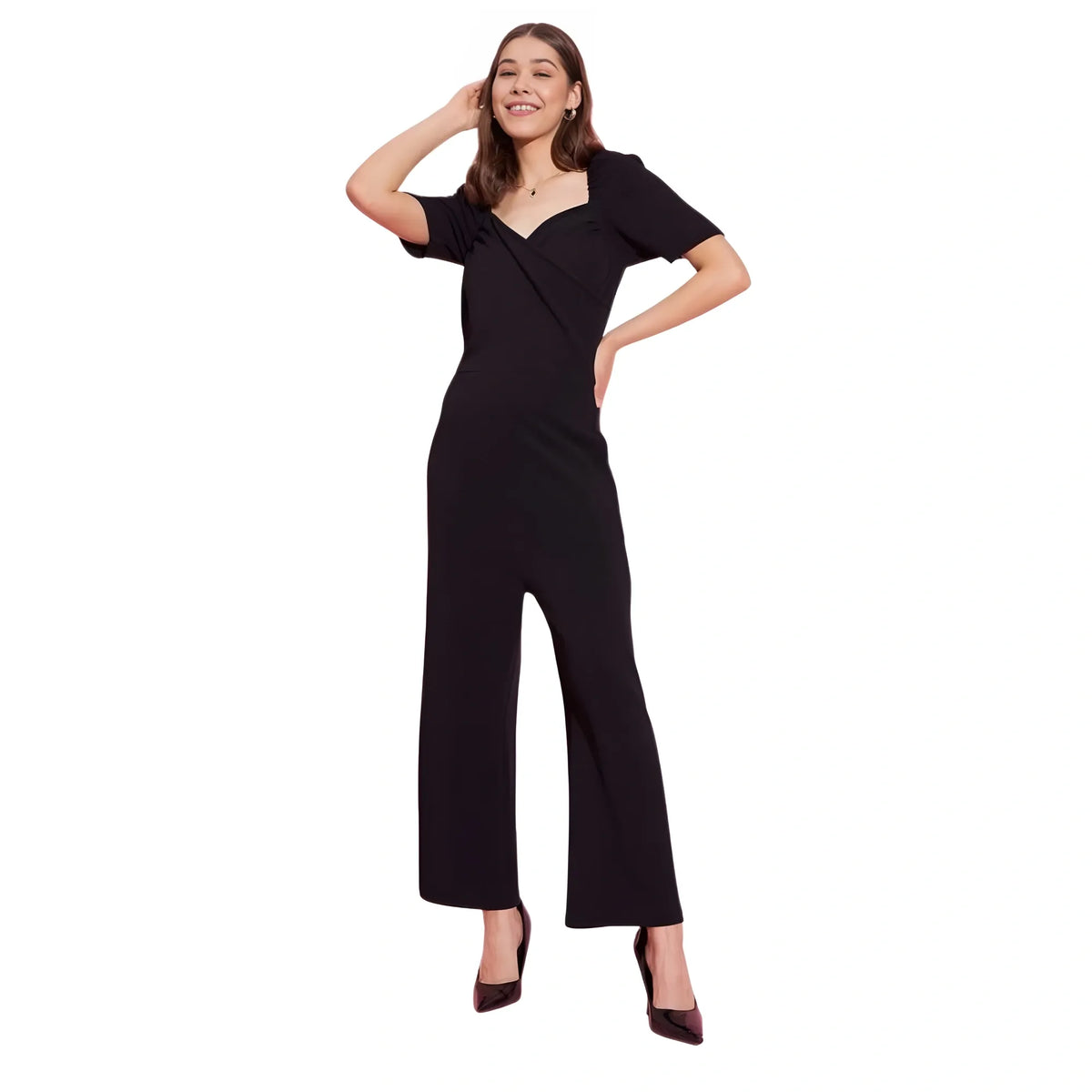 Women's Polyester Lycra Solid Puff Sleeve Jumpsuit (black) | Women Signature Collection