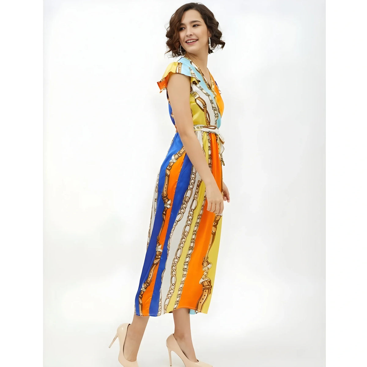 Women's Satin Chain Print Cap Sleeve Calf Length Dress (multicolor) | Women Signature Collection
