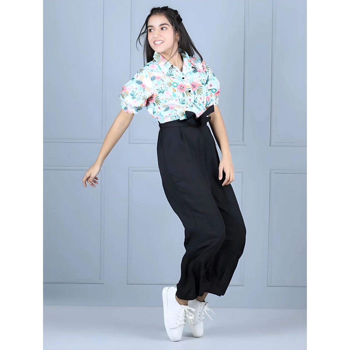 Girl's Polyester Floral Short Sleeves Jumpsuit (green Black) | Kids Signature Collection