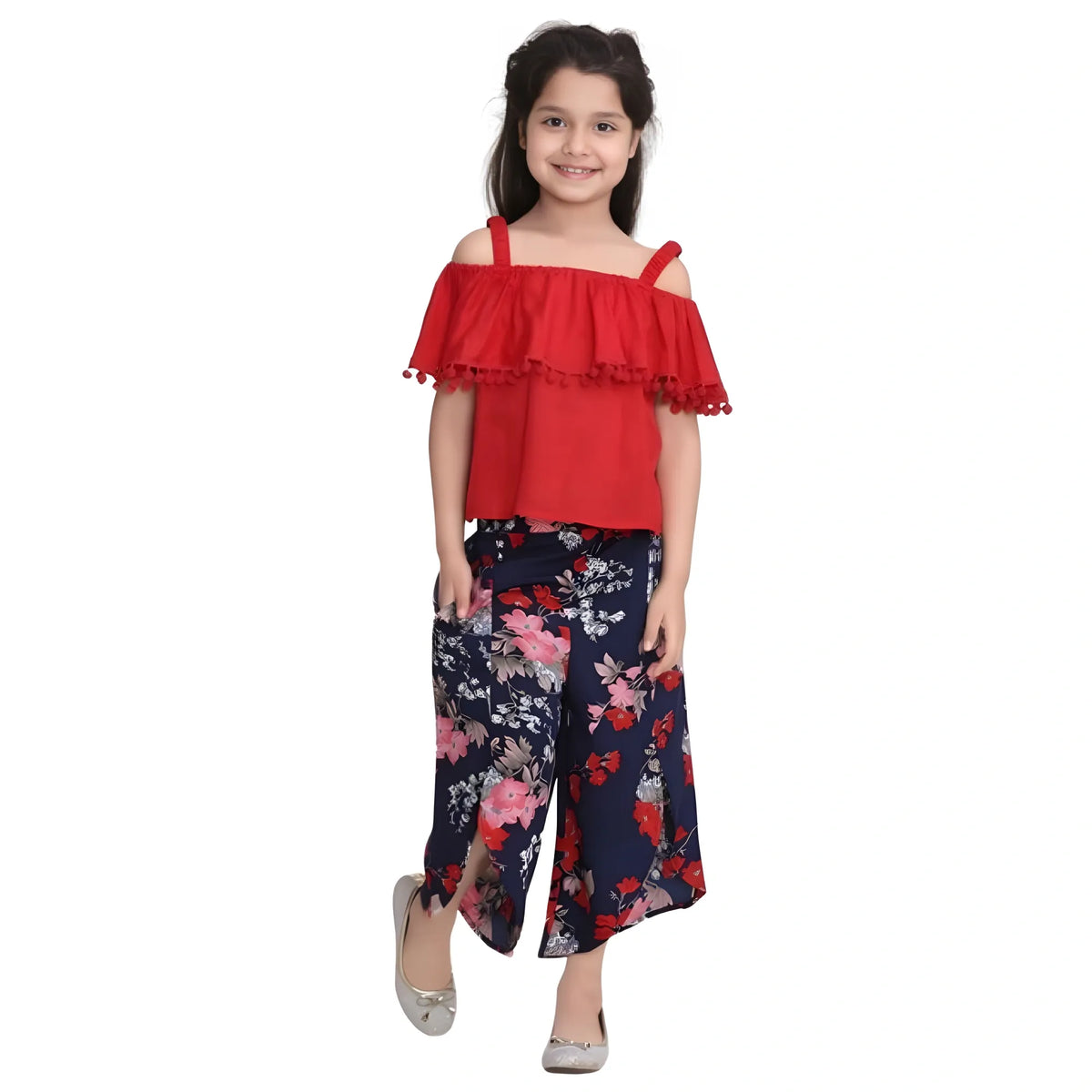 Girl's Rayon Crepe Printed Cold Shoulder Top And Pants Set (red Navy) | Kids Signature Collection