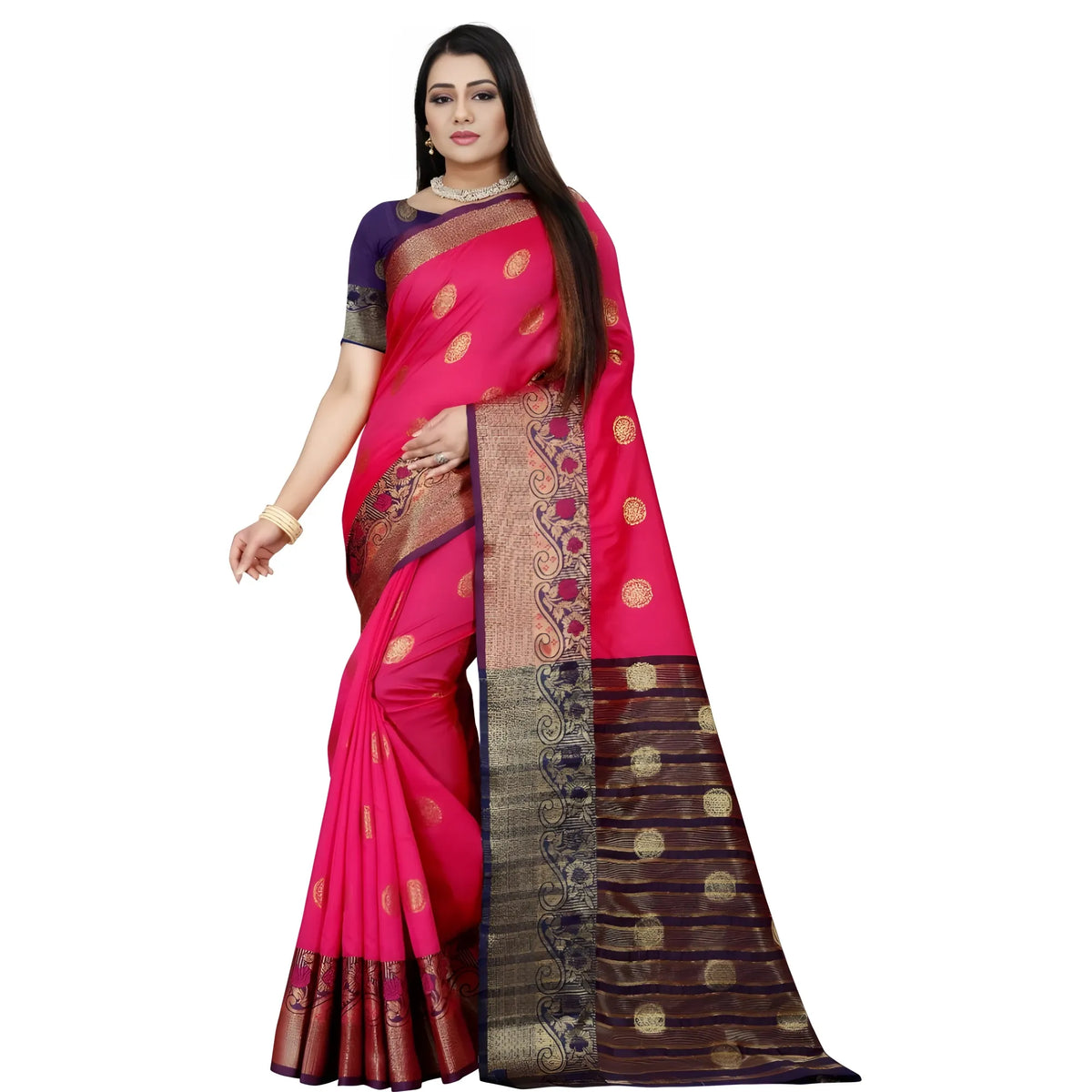 Women's Silk Blend Woven Saree With Unstitched Blouse 5.5mtr (blue Pink) | Women Signature Collection
