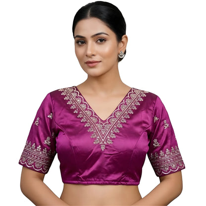 Amethyst Women's Satin Embroidered Half sleeve V-Neck Padded Readymade Blouse