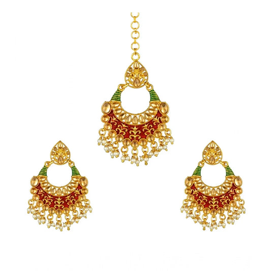 Women's Rose Gold Plated Alloy Kundan Earrings &amp; Mangtikka (Red &amp; Green)