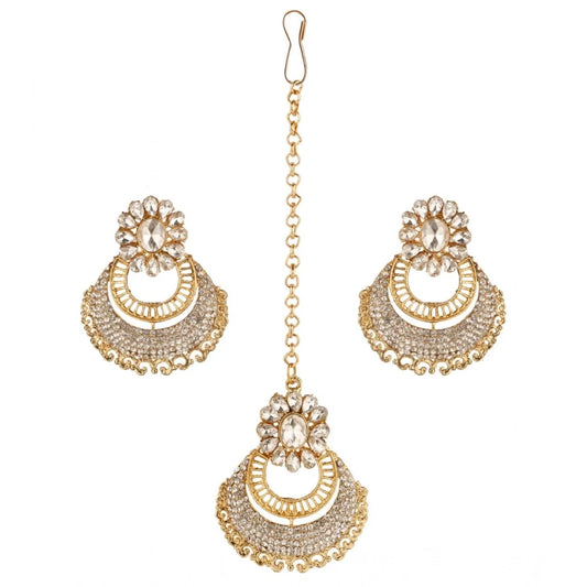 Women's Rose Gold Plated Alloy Kundan Earrings &amp; Mangtikka (White)