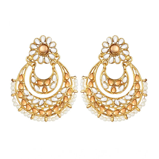 Women's Rose Gold Plated Alloy Kundan Earrings &amp; Mangtikka (White &amp; Gold)