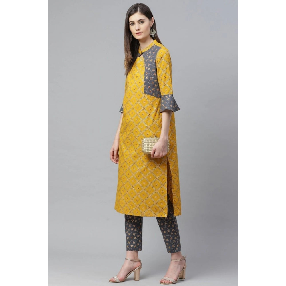 Women's Casual Bell Sleeves Geomatrical Printed Cotton Kurti Set (yellow) | Women Signature Collection