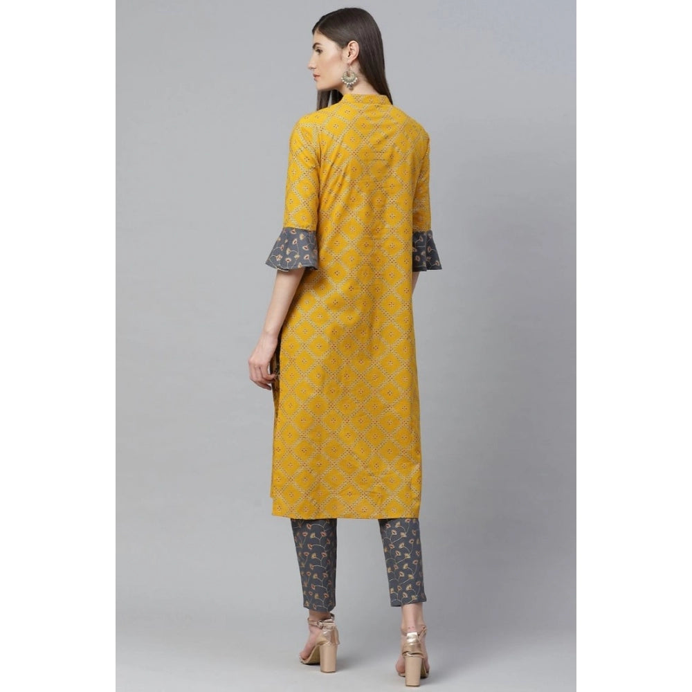 Women's Casual Bell Sleeves Geomatrical Printed Cotton Kurti Set (yellow) | Women Signature Collection