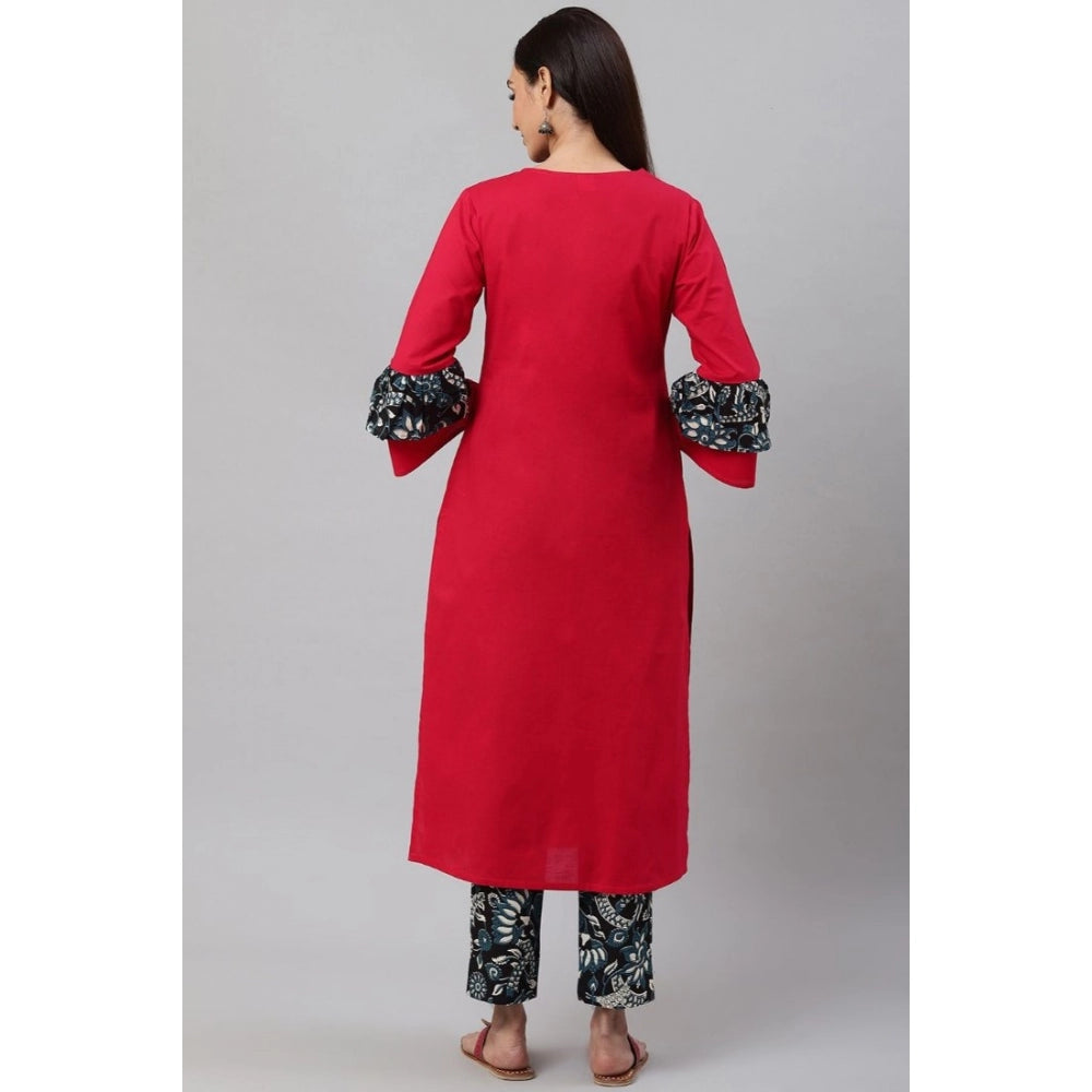 Women's Casual Bell Sleeves Floral Printed Cotton Kurti Set (rani Pink) | Women Signature Collection