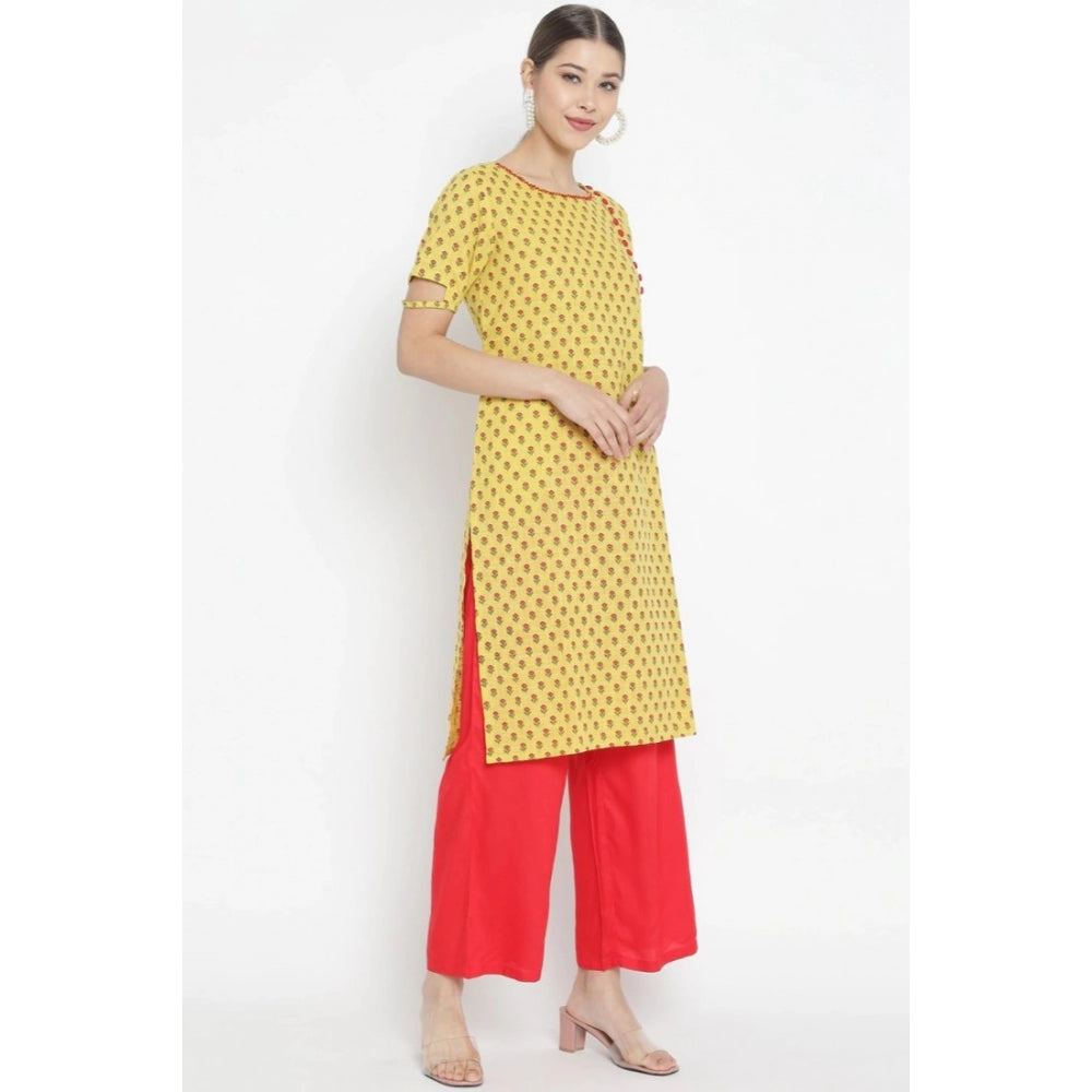Women's Casual Short Sleeves Floral Printed Cotton &amp; Rayon Kurti Palazzo Set (yellow &amp; Red) | Women Signature Collection