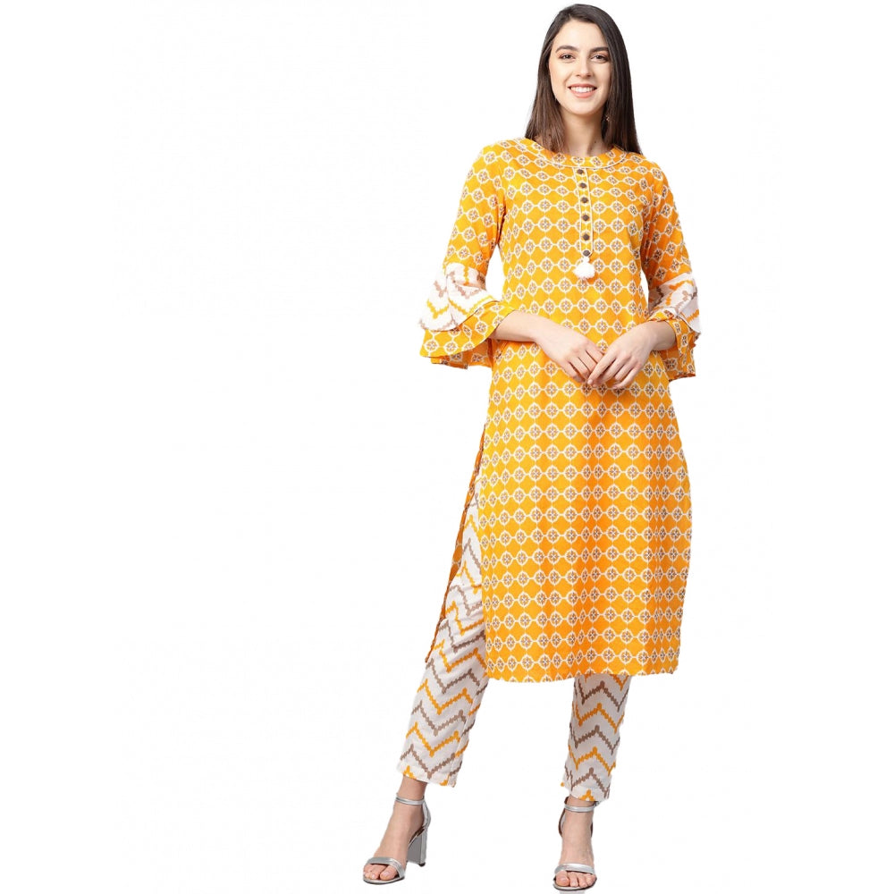 Women's Casual 3/4 Th Sleeve Floral Printed Cotton Kurti Set (mustard) | Women Signature Collection