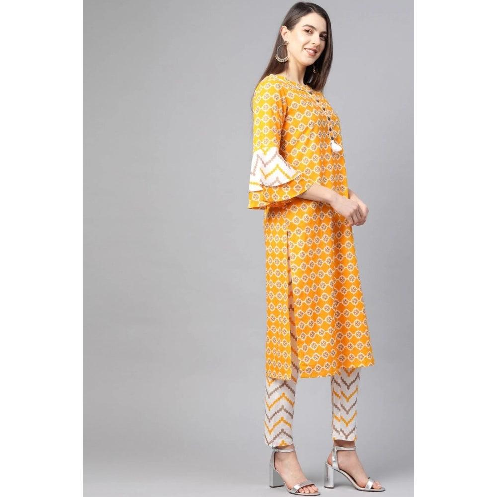 Women's Casual 3/4 Th Sleeve Floral Printed Cotton Kurti Set (mustard) | Women Signature Collection